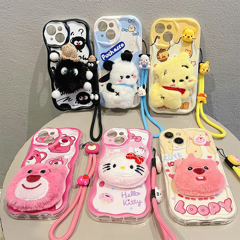 3D Cartoon Kitty Bear Fur Phone Case For Xiaomi Redmi Note 13 Pro 12 11 SE 10 12R 11S 10T 10S Cream Wavy Furry Toy Strap Cover