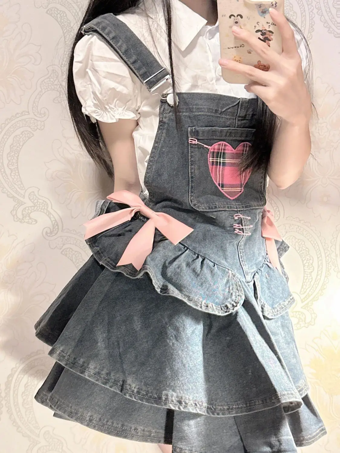 2024 Summer Bow Denim Strap Skirt for Women Harajuku Sweet Style Korean Edition A-line Puff Short Skirt Women Clothing