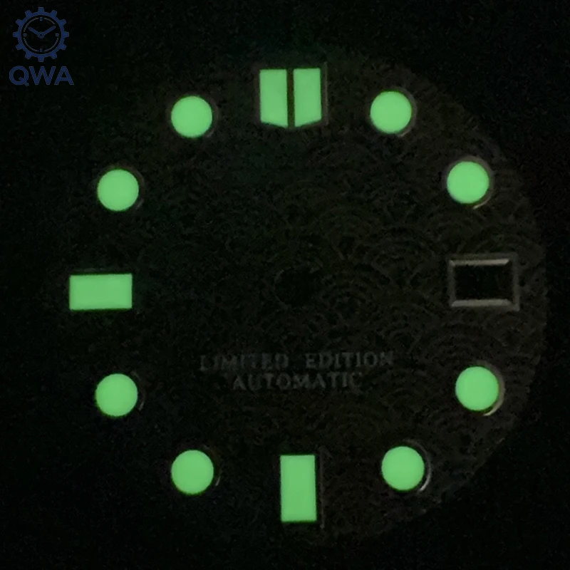 QWA 28.5 مللي متر NH35 موجة البحر مقياس السمك نمط ساعة S الطلب الأخضر مضيئة صالح NH35/NH36/4R/7S ساعة أوتوماتيكية اكسسوارات