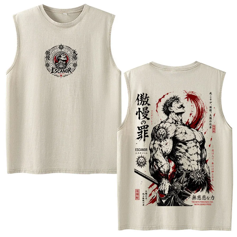 Anime Die Sieben Todsünden Escanor Vintage Washed Tanktops für Männer und Frauen, Lässige Baumwoll-Ärmellose Weste T-Shirt Streetwear – Detail 2