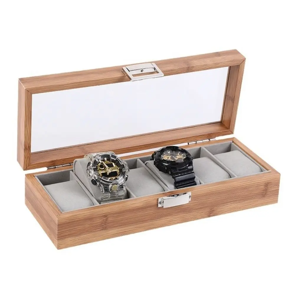 

3/6grids Watch Storage Box Transparent Lid Window Display Watch Storage Case Watch Tray Flocking Cloth Wooden Watch Box