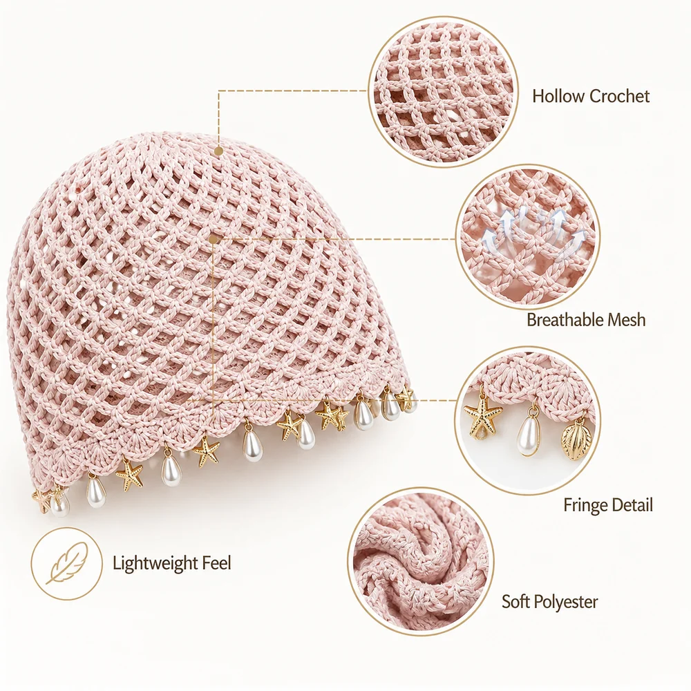 New Bohemian Crochet Beret Hat Hollowed Out Pentagram Mesh Knitted Hat Fringed Breathable Beanie Cap Women
