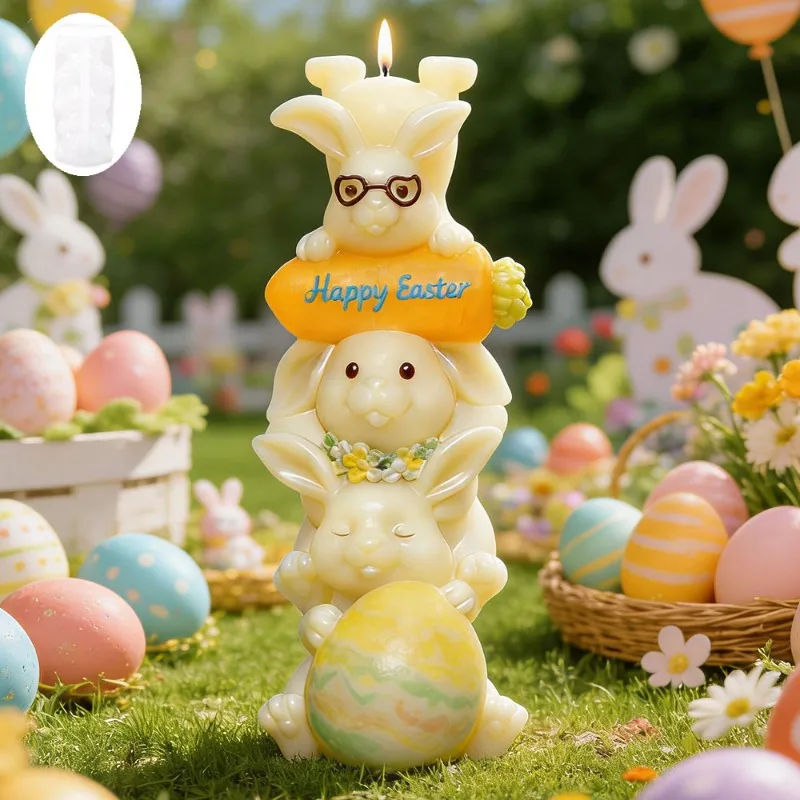 Molde de Silicone Le Rabbit Empilhável para Velas Aromáticas DIY, Artesanato em Gesso e Resina, Molde para Pedra Difusora e Acessórios para Decoração de Bolos