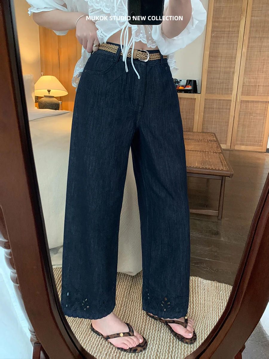 

Женские тонкие летние прямые повседневные брюки MUKOK из денима синего цвета с вышивкой и вырезами на манжетах, длина 7/8, с высокой талией, для офиса и повседневной носки