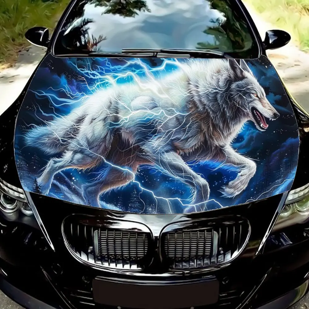 Running Starry Sky Lightning Wolf Car Hood Wrap Color Vinyl Sticker Truck Graphic Bonnet Auto Accessories Decoration Decal Gift