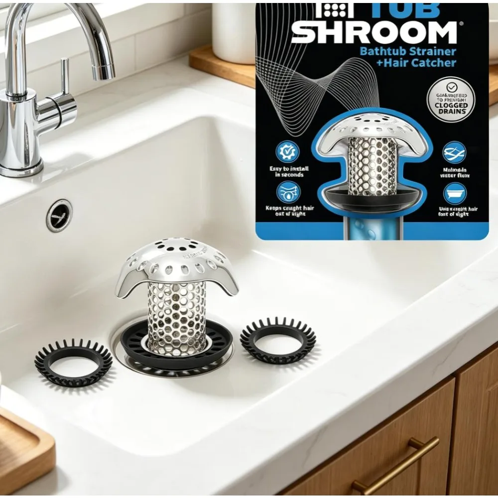 

Stainless Steel Bathtub Drain Hair Catcher Mushroom Shape Drain Protector With Multi Size Adapters Fit 1.25"-2" Tub Drains Easy Clean Hair Strainer Prevents Pipe Clogs Bathroom Accessory Single Pack