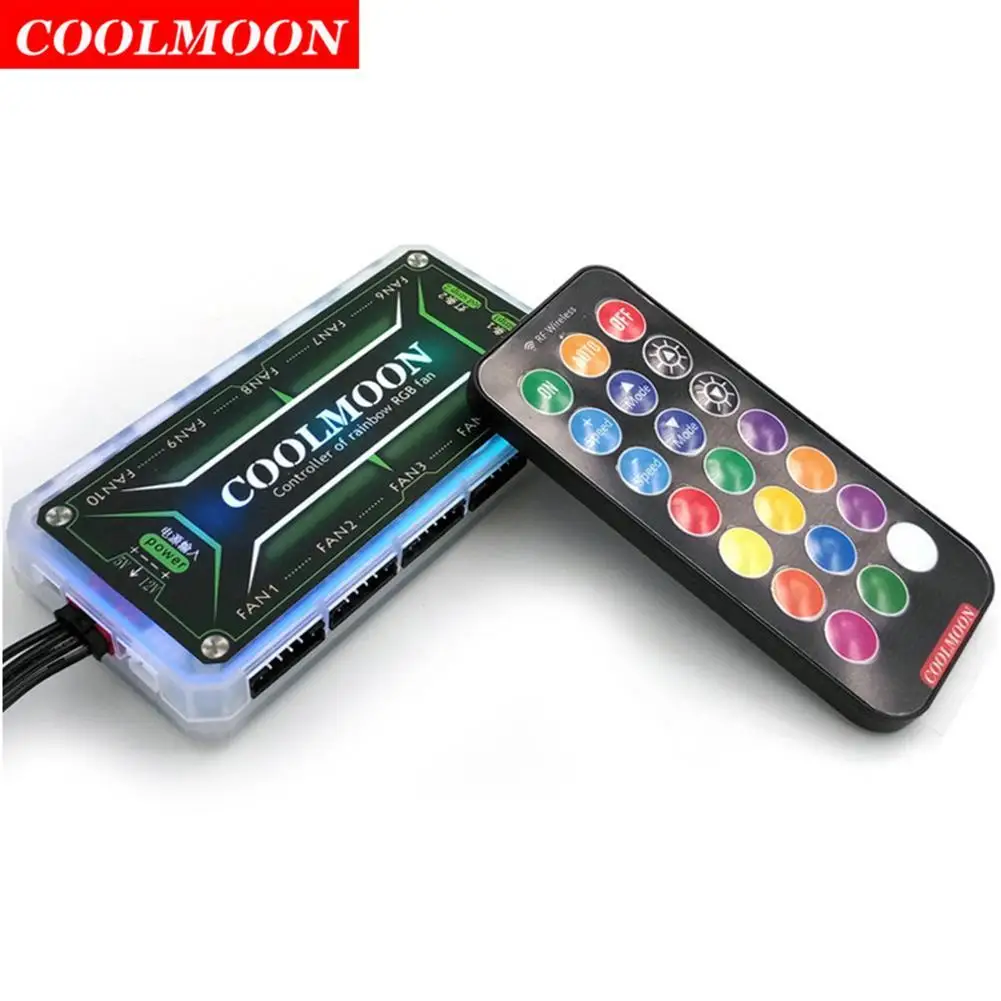 Coolmoon-controlador de ventilador inteligente Led, dispositivo con control remoto RGB, Dc12v, 5a, 10 puertos de ventilador de 6 pines, 2 puertos de