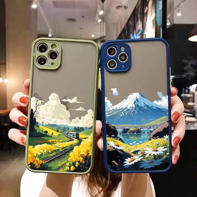 Mountain Flower Scenery Case For iPhone 14 13 12 11 Pro Max Mini X Xs XR 7 8 Plus SE2 Siliconef Bumper Clear PC Hard Cover Funda image 5