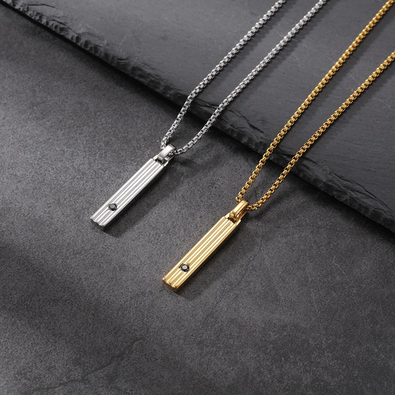 

Rectangle Stainless Steel Necklace For Men Simple Trendy Titanium Steel Pendant Polished Rhinestone Inlaid Fashion Jewelry