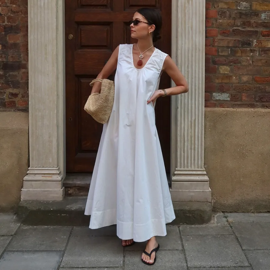 

【New style】Sleeveless dress 2026 summer new cotton vacation casual U-neck loose long dress