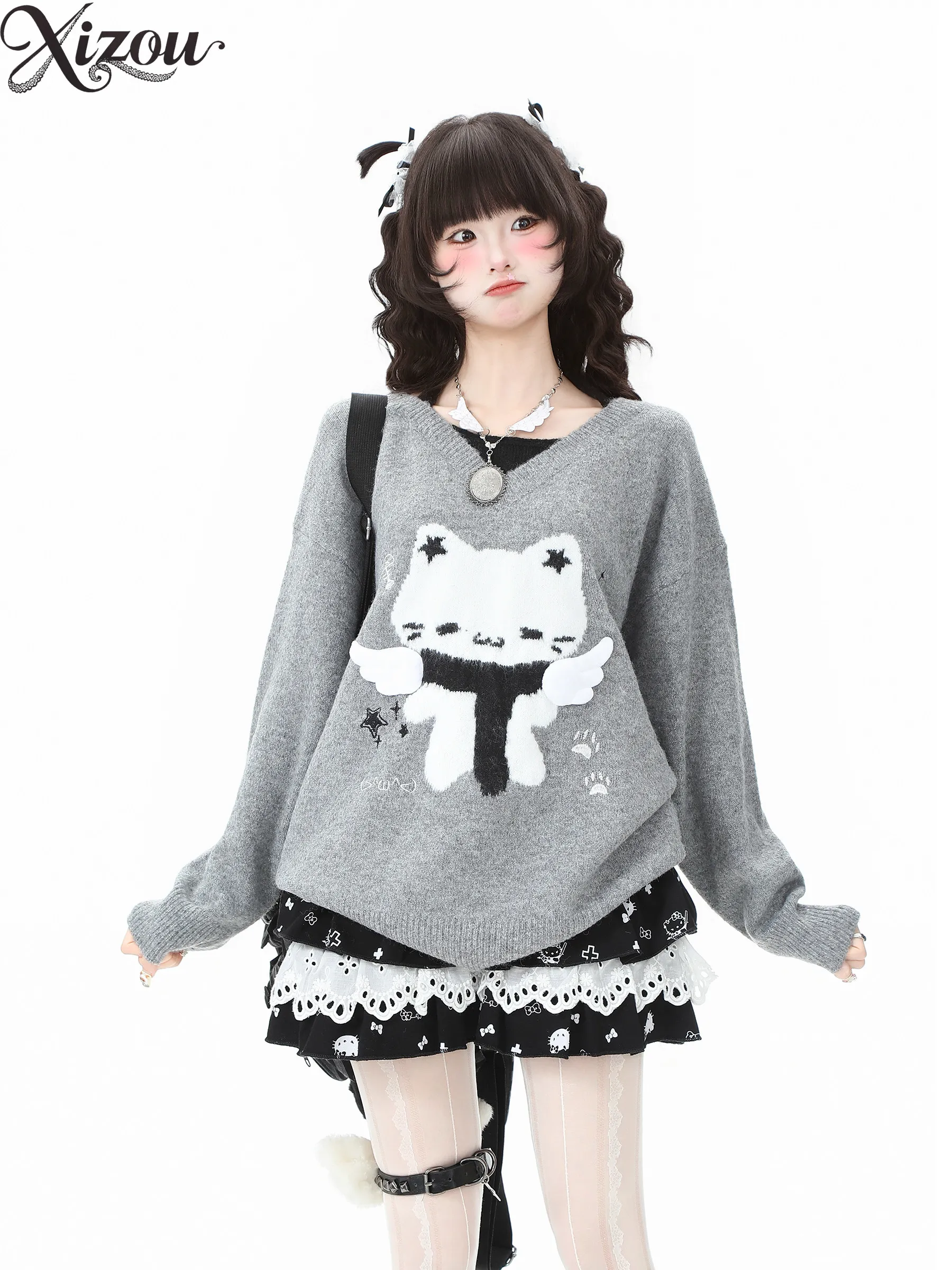 

Y2K Kawaii Cat V-Neck Sweater Women Casual Sweet Cool Plush Knitted Top Sweaters Cardigans 2025 Autumn Winter Angel Pullover