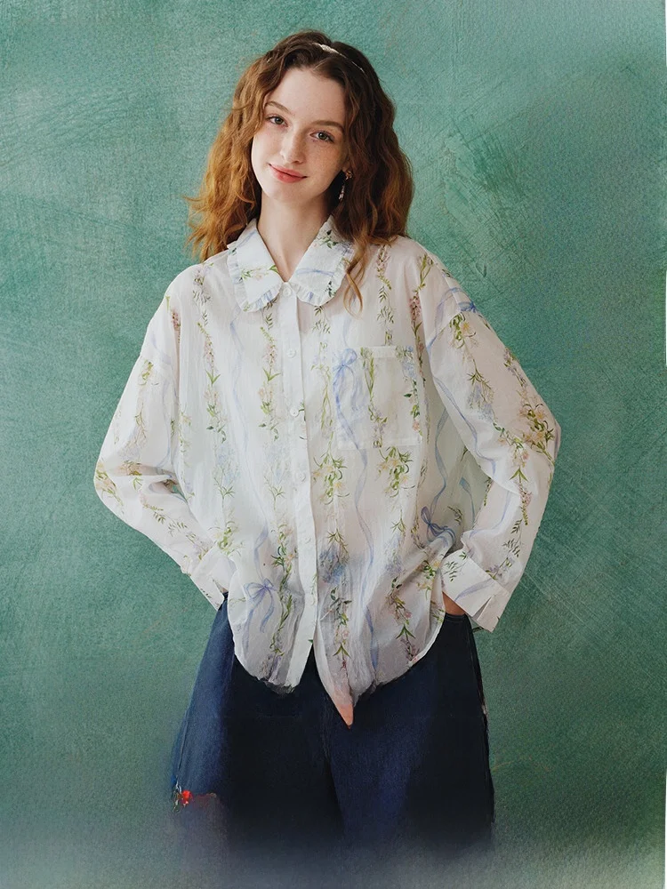 

Два футболки, лето 2023, новинка Vintage Long Sve, женская свободная посадка с цветочным принтом, тонкая модель из нейлонового волокна на пуговицах