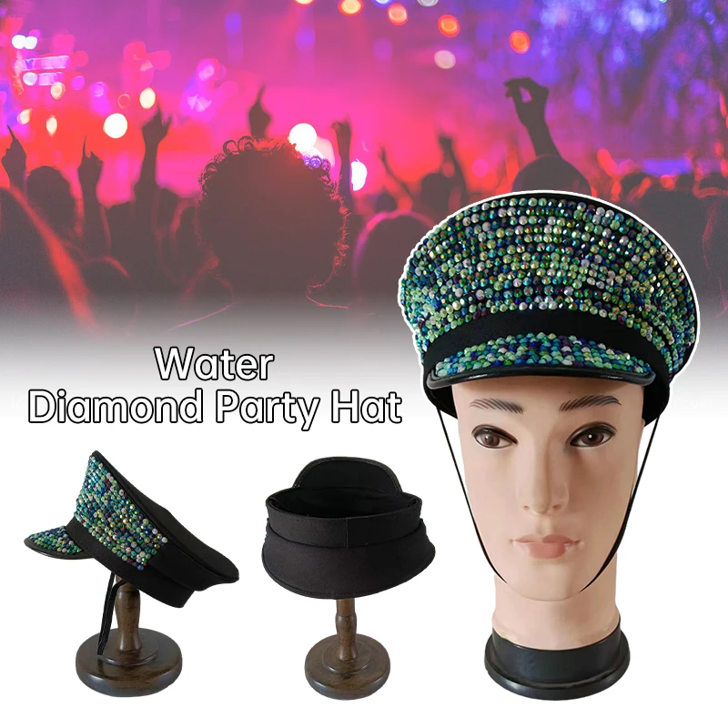 Punk Sequin Shinny Rhinestone Military Hat Novelty Shiny Sergeant Hat Captain Cap Party Carnival Flat Hats Performance Cap