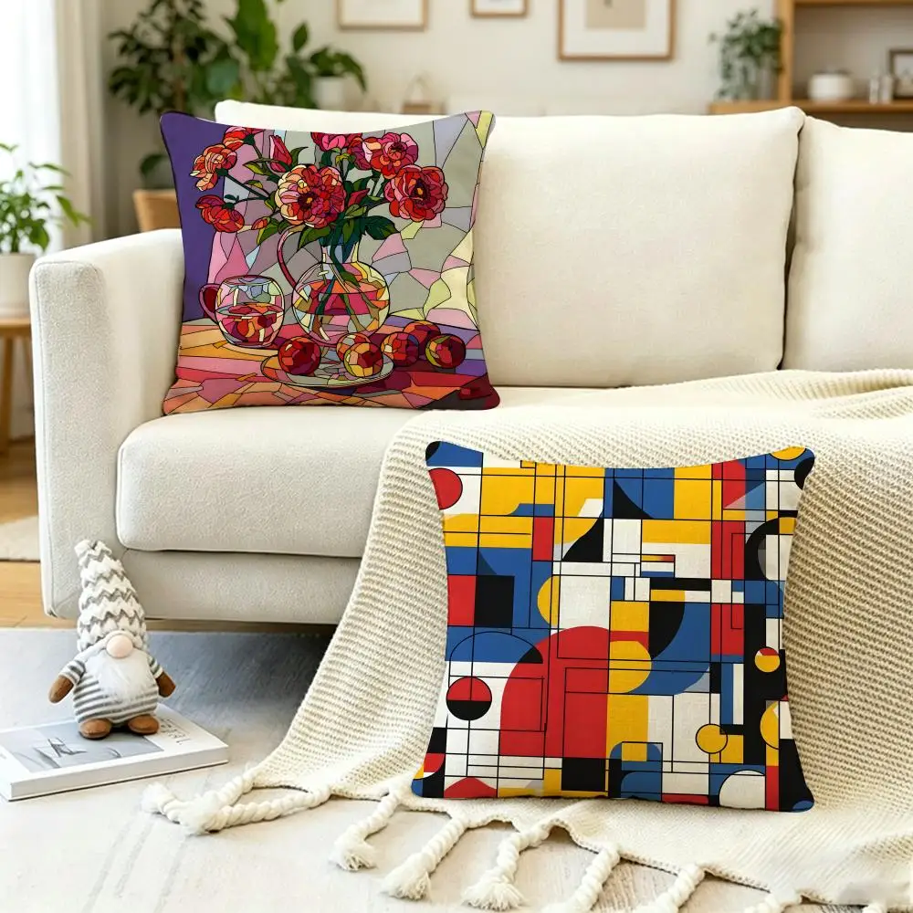 Stylish P-Primary Colo-r Geomet Cushion Cover Anti-dustmite Pillowcase Invisible zipper silky short plush Sofa cushion cover