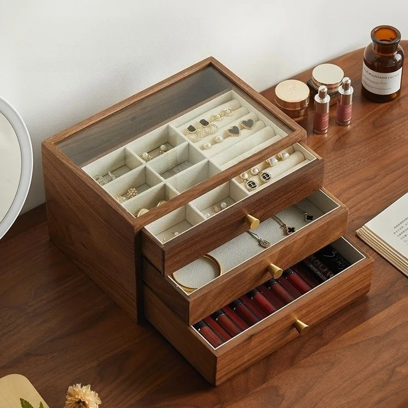 Solid Wood Multi-layer Jewelry Storage Box Drawer-style Dustproof Jewelry Box Multifunctional Luxury Ring Earrings Organizer