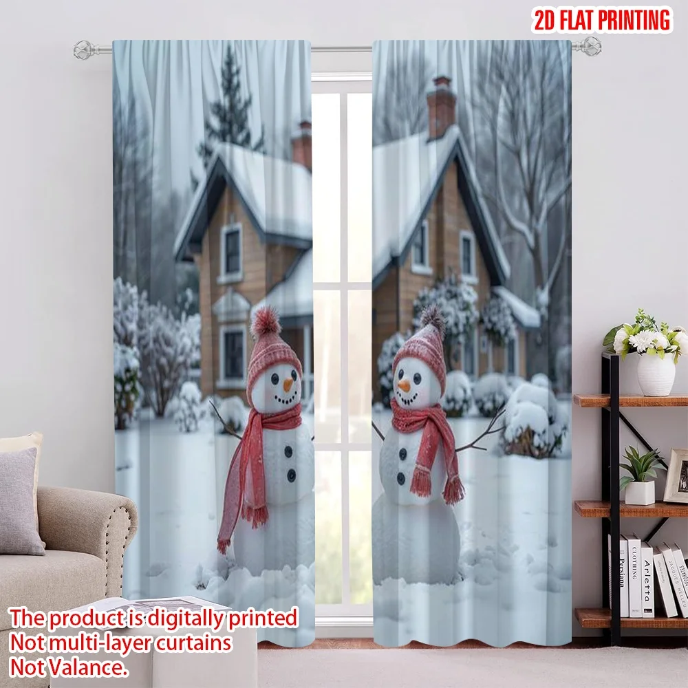 

2pcs 2D flat printing Christmas Drapes Hut and snow scene watercolor Christmas scene6 Machine Washable Fabric Without