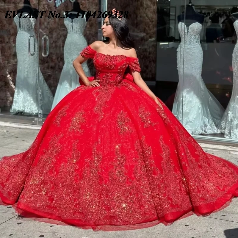 

EVLAST Customized Mexican Red Quinceanera Dress Ball Gown Shiny Sequined Appliques Beaded Bow Sweet 16 Vestido De 15 Anos E3Q166