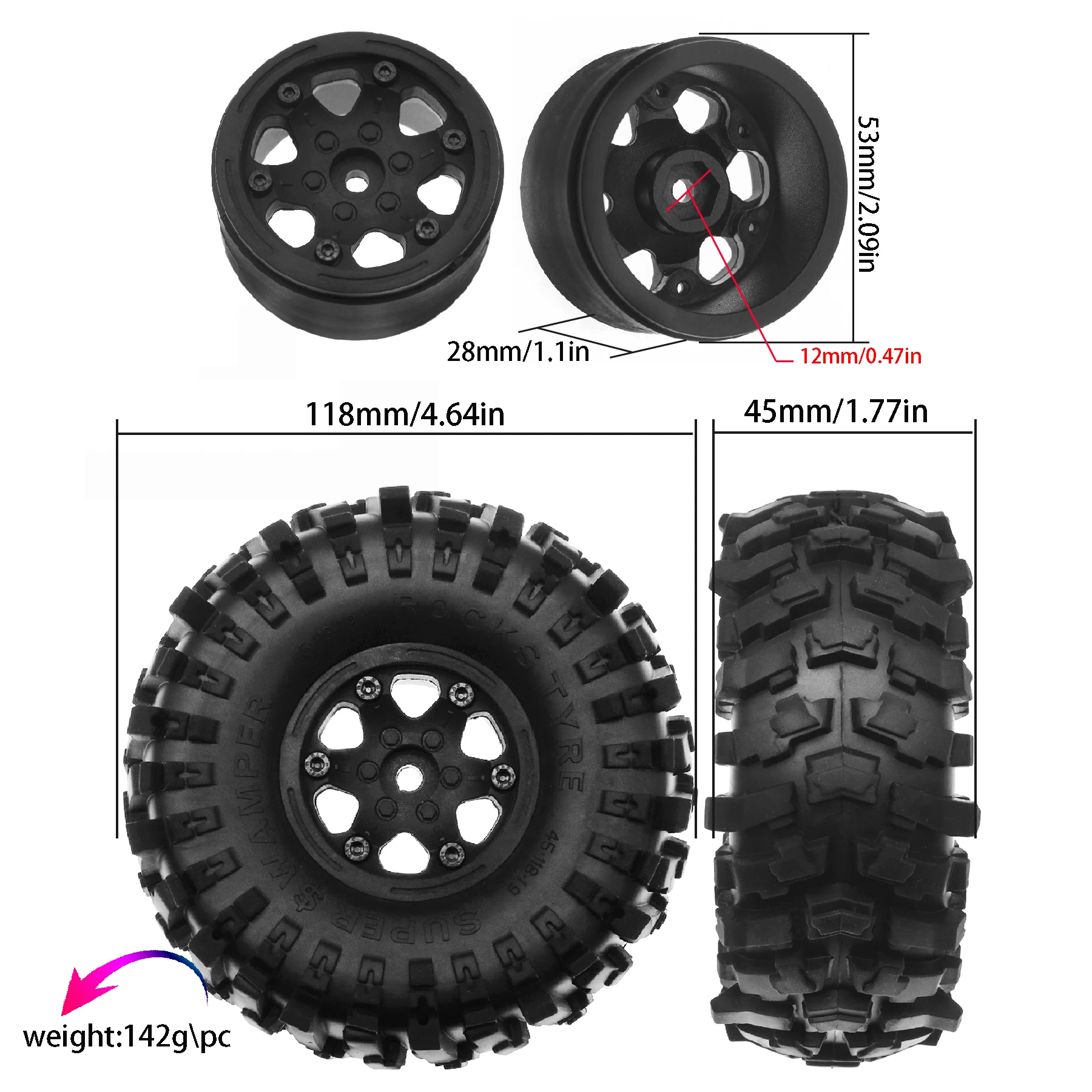 Pneus à boue sur chenilles 1.9 et roues en plastique pour voiture sur chenilles 1:10 Tamiya CC01 Traxxas TRX4 Axial SCX10 II RC4WD Gen8, 4 pièces