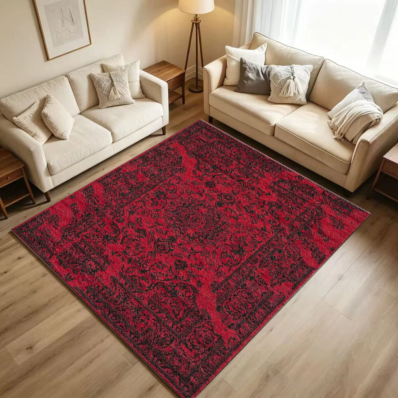 Vintage Distressed Red Oriental Area Rug, Non-Slip Floor Carpet for Living Room Bedroom Home Decor