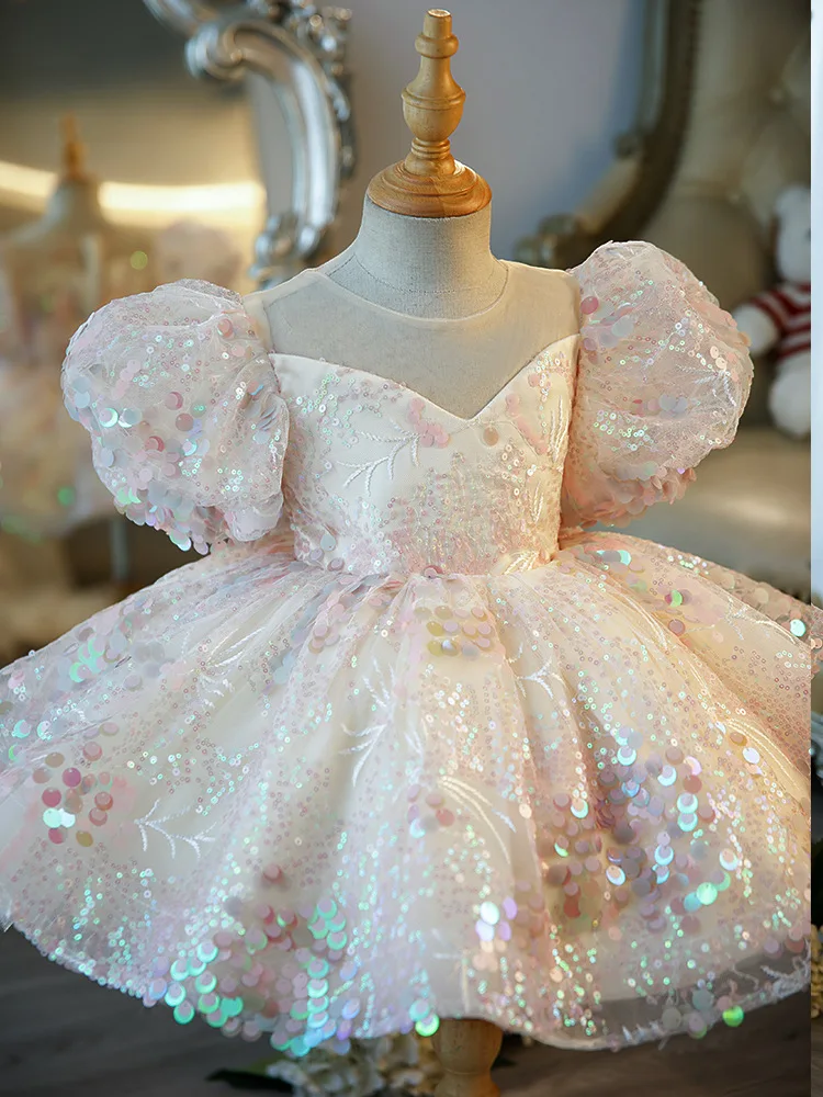 Baby Clothing Feather Sequin Design Baptism Birthday Party Gown Girls Christening Princess Dresses for Easter Eid Vestidos 2023