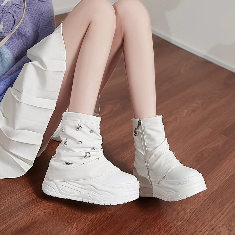 Womens 8cm Hidden Heel Knee-High Boots Ultra High Thick Sole White Sneakers Side Zipper High Top Platform Shoes Zapatos De Mujer