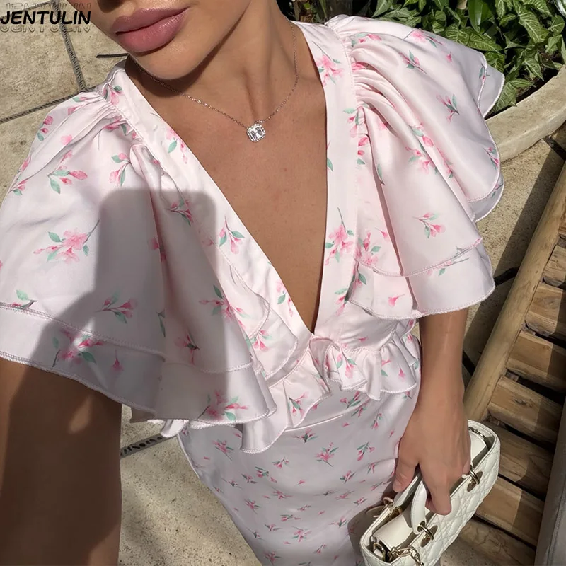 French Sweet Style V-neck Floral Cinched Waist Jumpsuit Short Skirt Women's European American Style Pink Temperament Long Skirt