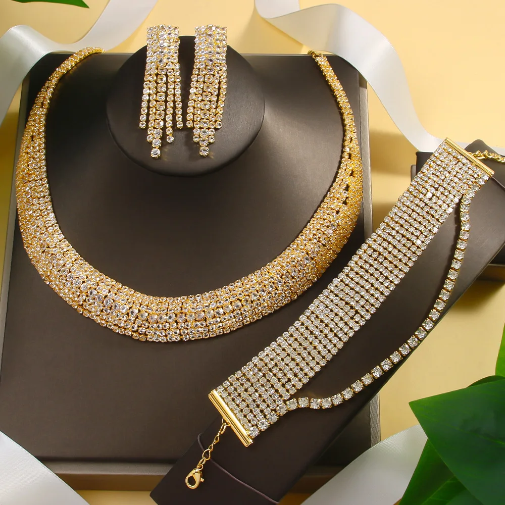 Stonefans Multiple Rows Necklace Earrings and Braacelet Set  Women Luxury Accessories Rhinestone Wedding Jewelry Sets Bridal New