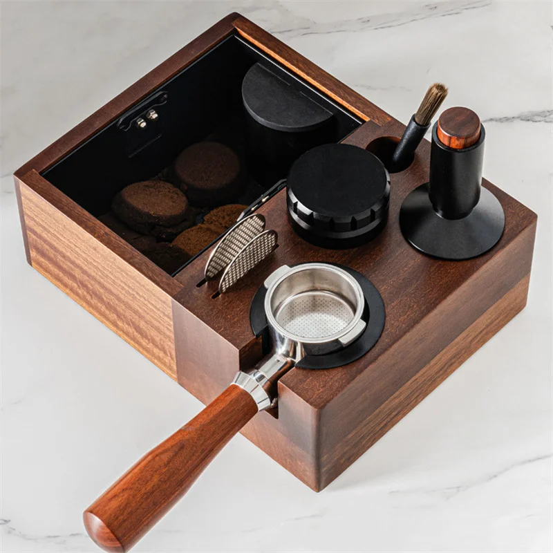 Wood Coffee Tamper Station Knock Box Espresso Tamper Mat Multifunctional Pressing Powder Base Coffee Portafilter Rack 51/53/58mm