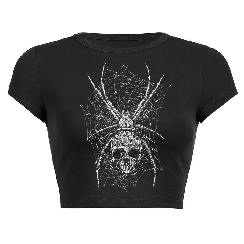 Gothic y2k black baby tee spider web print summer cropped top for women 90s vintage hip hop street Black o-neck top tee kawaii