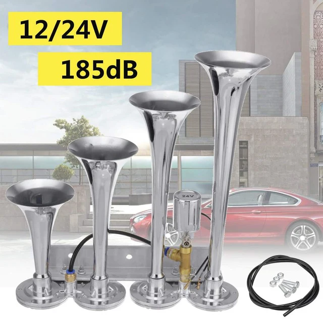 12V / 24V 185Db 4 / Four Super Trumpet Chrome Auto Car Air Horn Set For Car Vehicle Truck Train Boat Yacht Suv Bike 60-150 Psi S