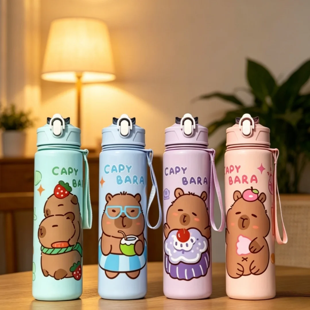 Capybara Cartoon Straw Cup, Cute Insulated Water Bottle with Zipper, Large Capacity, Lightweight & Portable for School, Outdoors