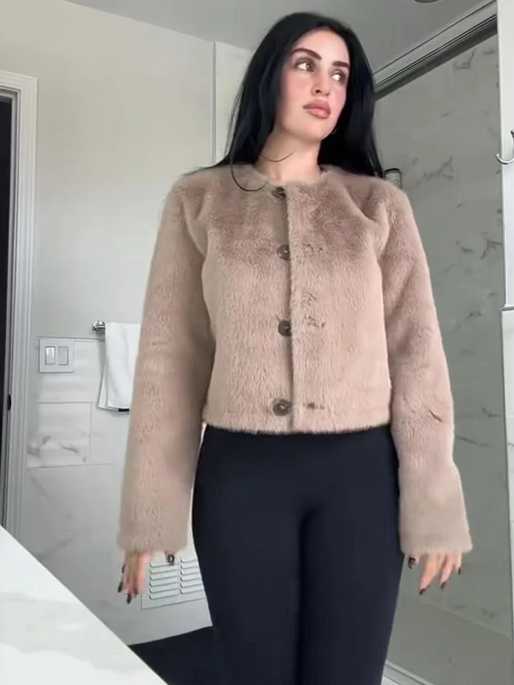 女性用シックなフェイクファーショートジャケットコート、秋の新作、長袖、シンプルな通勤スタイル、Oネック、ファッショナブルな女性用ボタンアップ暖かいコート