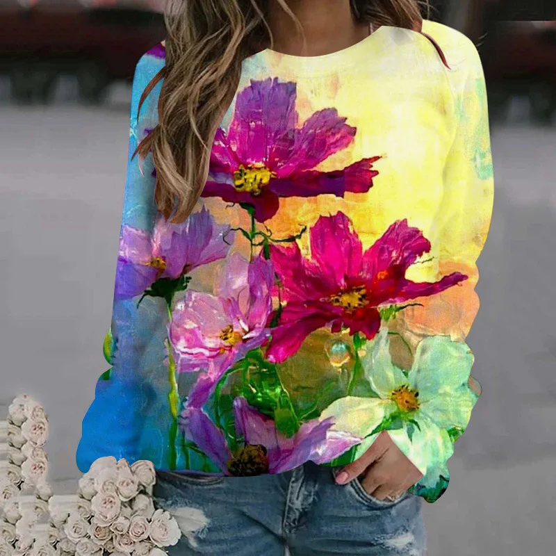 Autumn Women\'s Oil Painting Flower Print Round Neck Long Sleeve Loose Fashion Fresh Women\'s Sweatshirt Fashion Versatile Hoodie