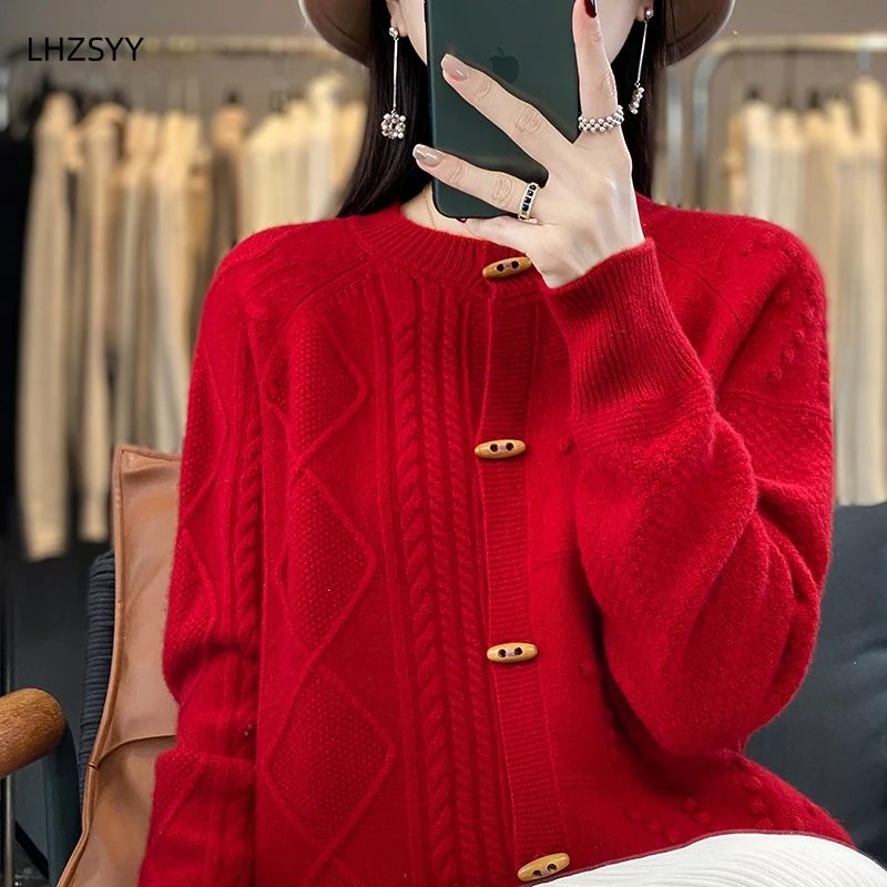 LHZSYY Fall/Winter New 100%Pure Wool Cardigan Women\' O-Neck Jacquard Coat Casual Large Size Sweater Warm Knit Top Female Jacket