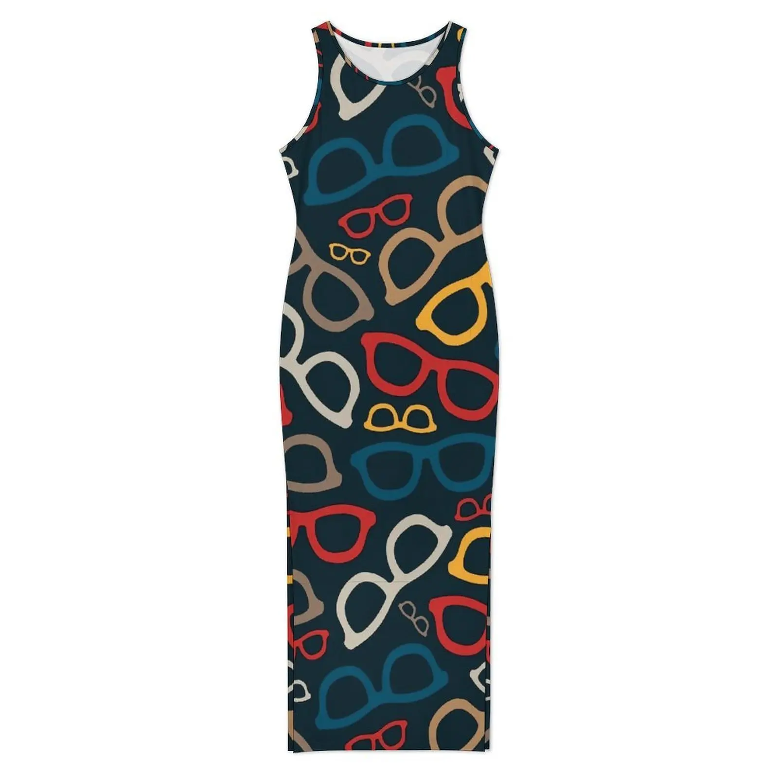 Colorful Glasses Print Bodycon Dress Spring Smart Eyeglasses Club Sexy Maxi Dresses Woman Sleeveless Streetwear Dress Large Size