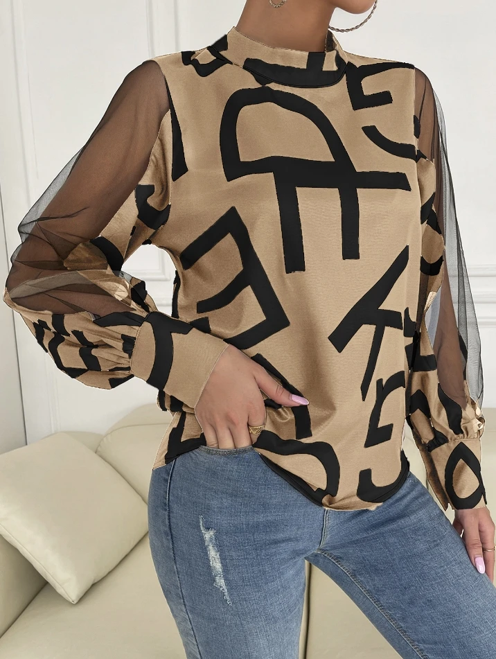 Women's Communication Blouses 2024 Summer Autumn Latest Geometric Print Splicing Mesh Round Neck Hoodie Top Long Sleeve Shirt