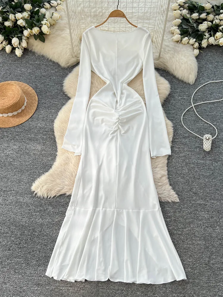 Foamlina-maxivestido Sexy recortado en la parte delantera, fruncido, Irregular, a la moda, blanco, con cuello en V, manga acampanada, espalda ajustada, vestido largo de fiesta en la playa