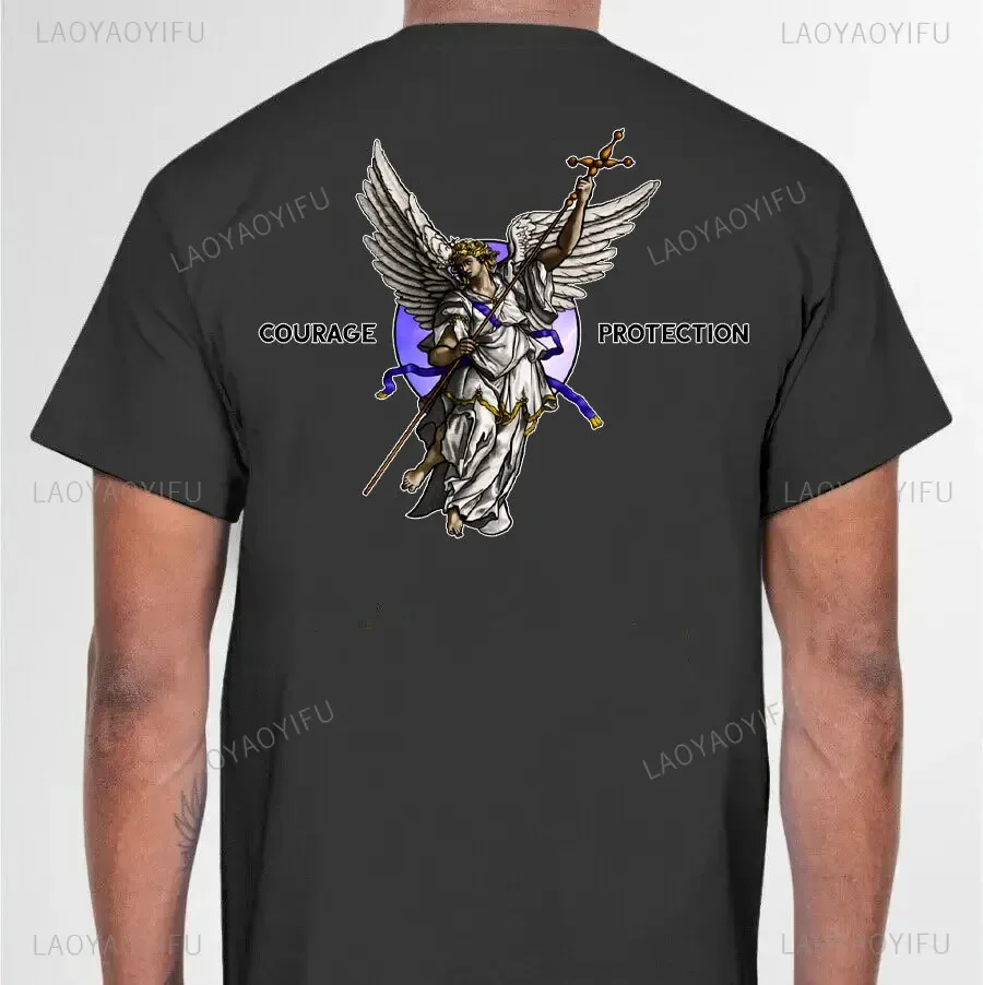 Vintage Saint Michael Defend Us in Battle Catholicism The Archangel Printed T-Shirt Premium Cotton O-Neck Man T Shirt Woman Tops