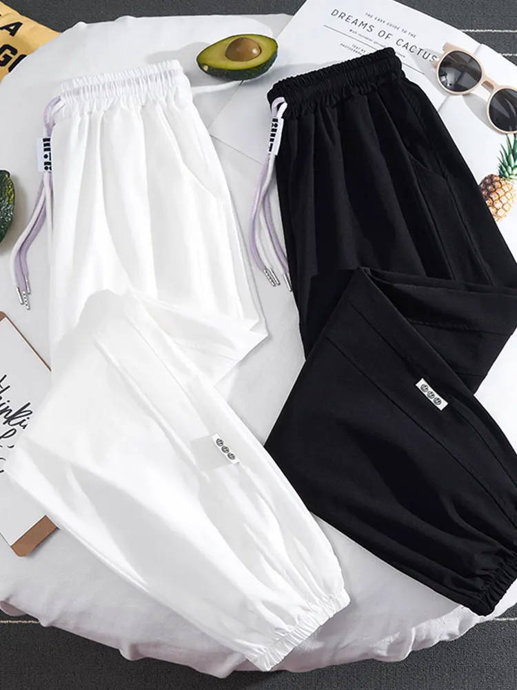 

Спортивные брюки из ледяного шелка с быстрым высыханием, повседневные, тонкие, прямого кроя, с высокой талией, длинные, для учащихся средней школы и подростков