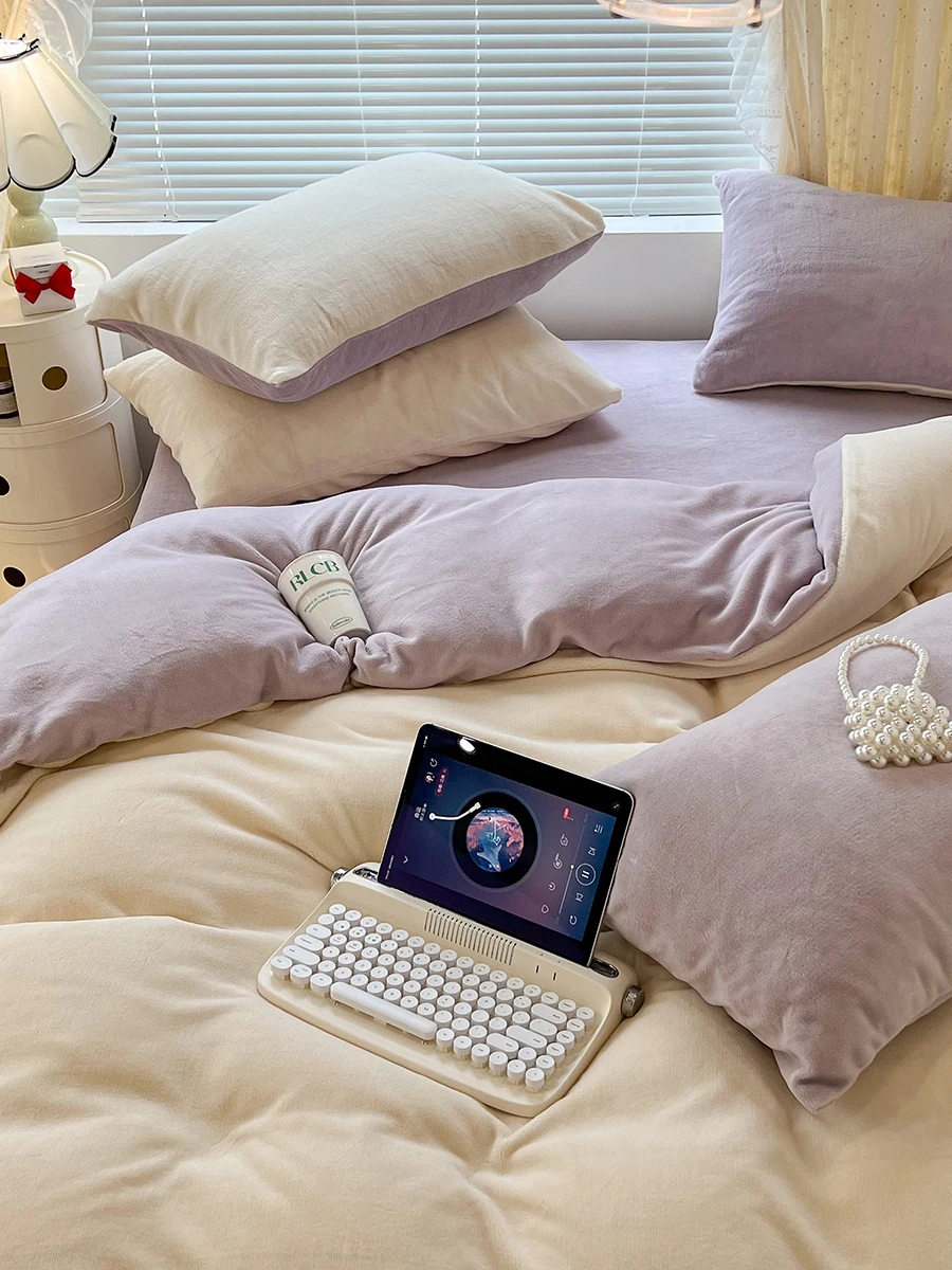 Thickened Double-sided Milk Velvet Bedding Set Creamy Dual-match Four-piece Suite Coral Fleece Duvet Cover Bed Sheet Linen