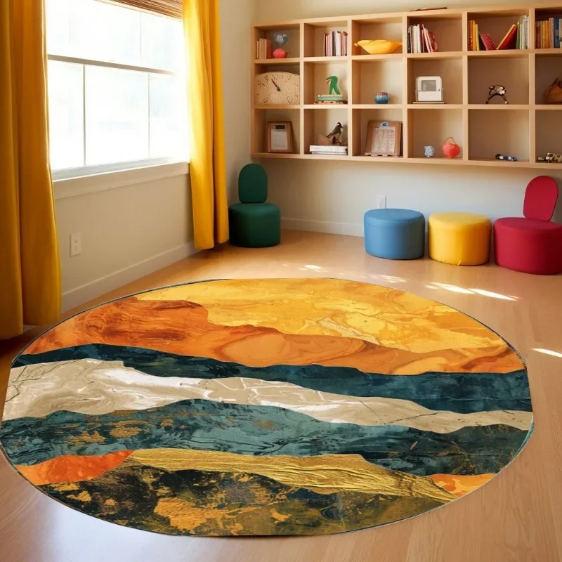 Modern Nature-Inspired Round Rug – Gold Motif & Digital Orange Design for Living Room, Entryway & Home Decor