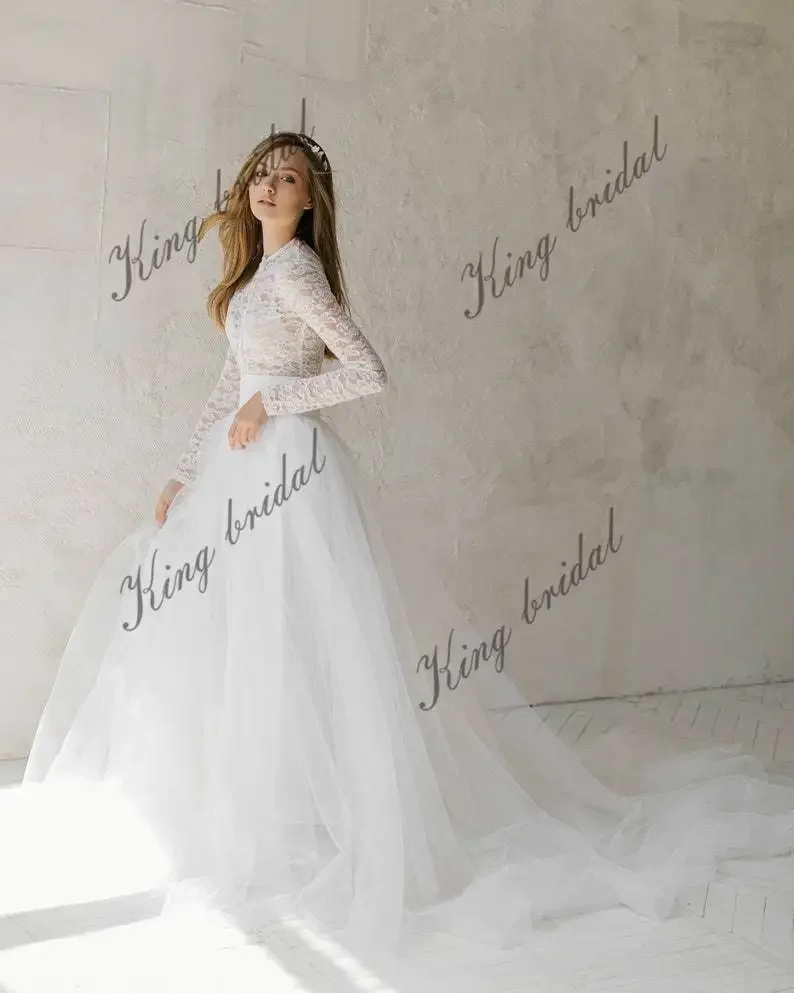 Custom Made 2026 Off White Tulle Wedding Dress Lace Wedding Gown Bohemian Bridal Separates Two Piece  Simple Wedding Dresses