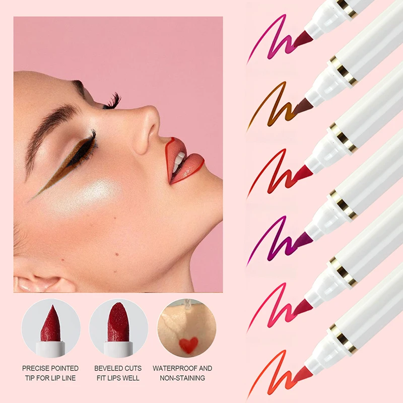 6 Colors Lip Tint Marker 2 In 1 Lip Liner And Stick Liquid Lipstick With High Pigment Waterproof Lightweight Lip Stain Cosmetic