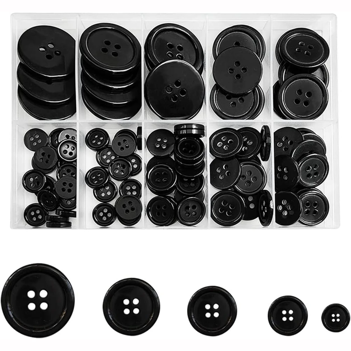 100 Pcs Black Resin Sewing Buttons, Mixed 5 Sizes of Black Buttons Suitable for Sewing Decoration 4-Hole Craft Buttons