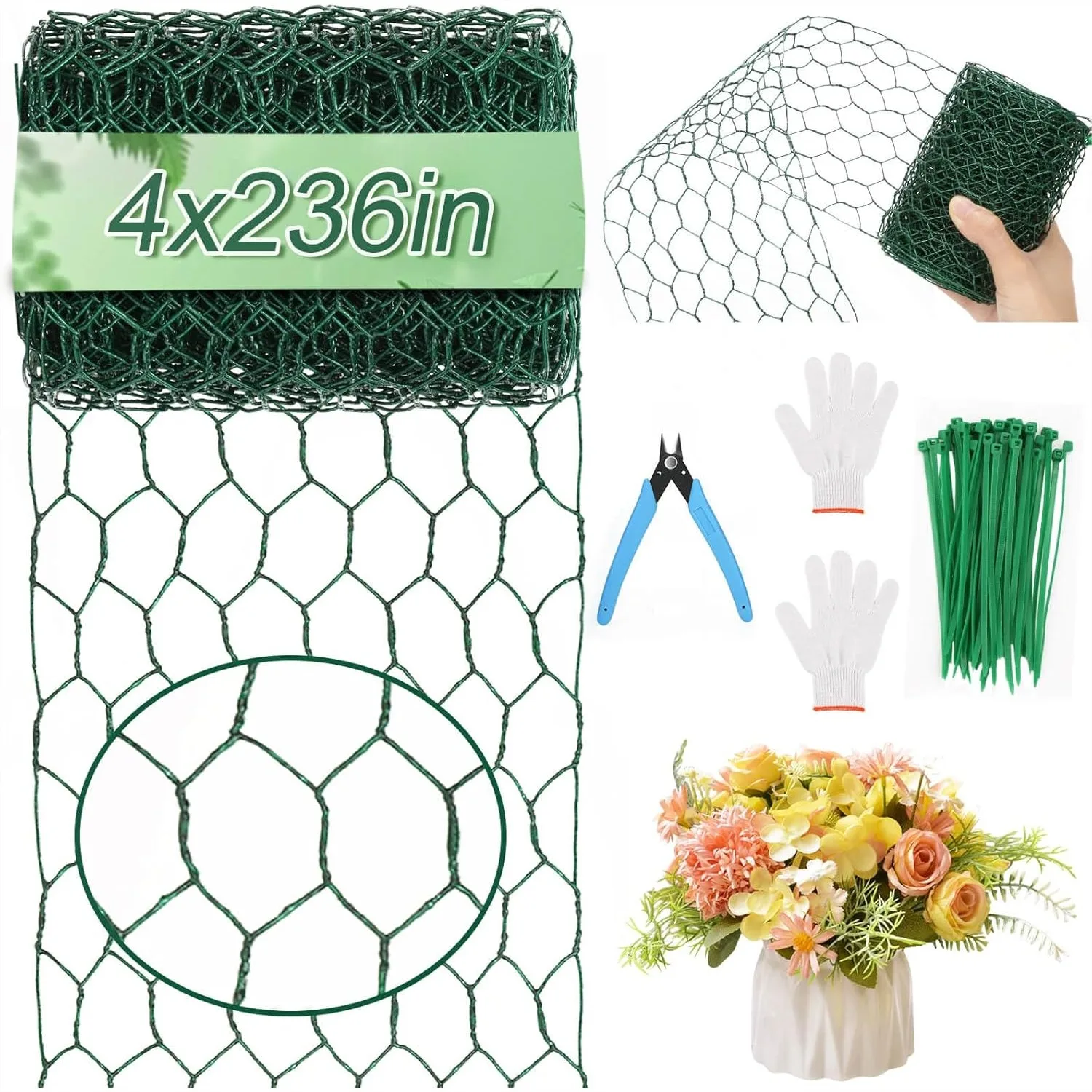

4 X 236 In Floral Wire Netting Green Chicken Wire With Plier And Plant Ties For Floral Arrangements Garden Fencing DIY Craft