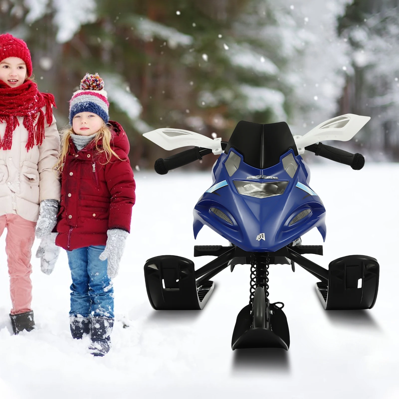 Steerable Snow Sledge Kids Snowmobile Sled Ski Snow Skibob Load 80kg with 80cm Pull Cord for Children Teenager Over 3 Years