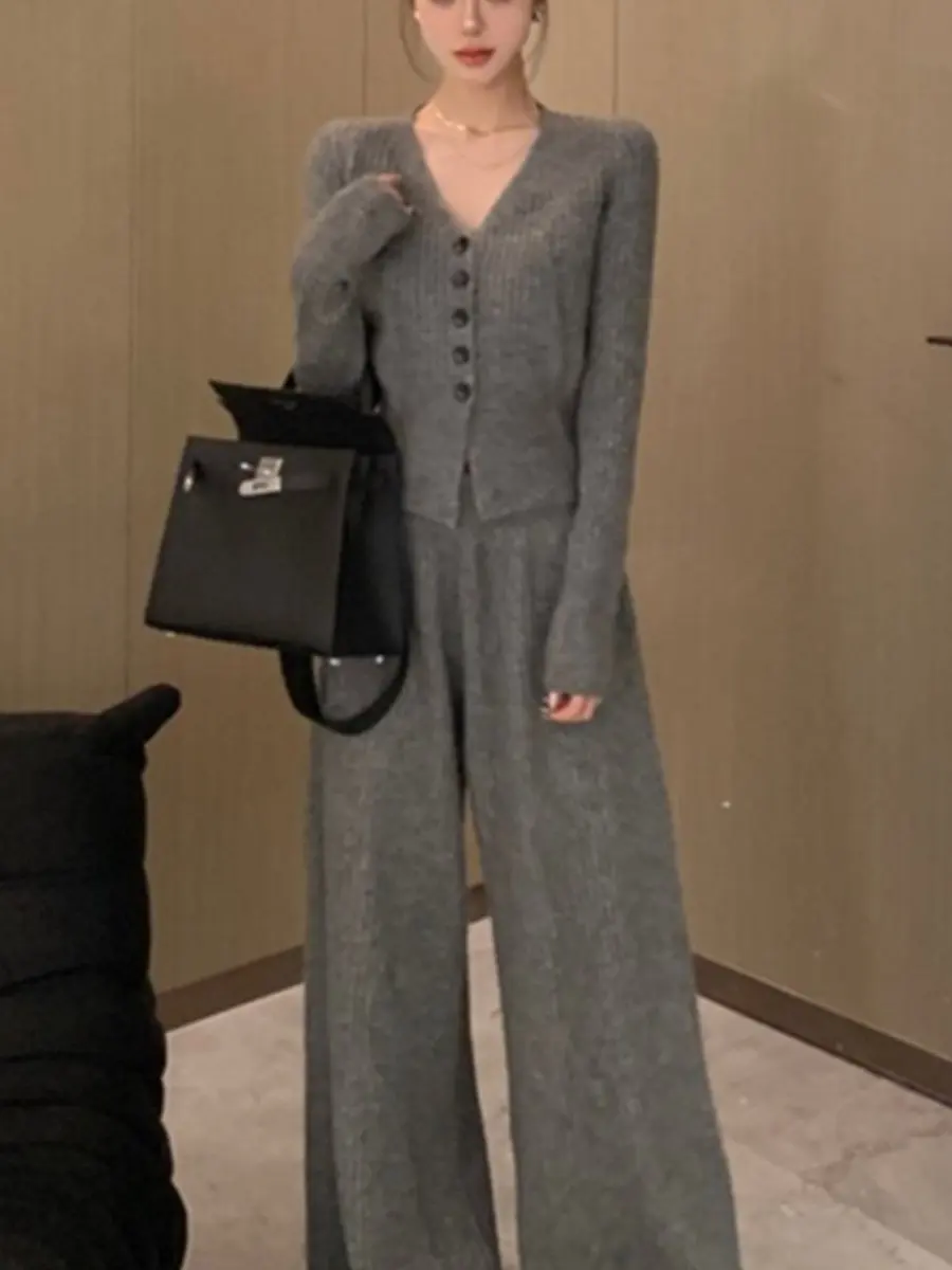 Fashionable Knitted Cardigan And High Waist Straight Leg Pants Two Piece Set for Women Warmth Guaranteed V-Neck Button Closure
