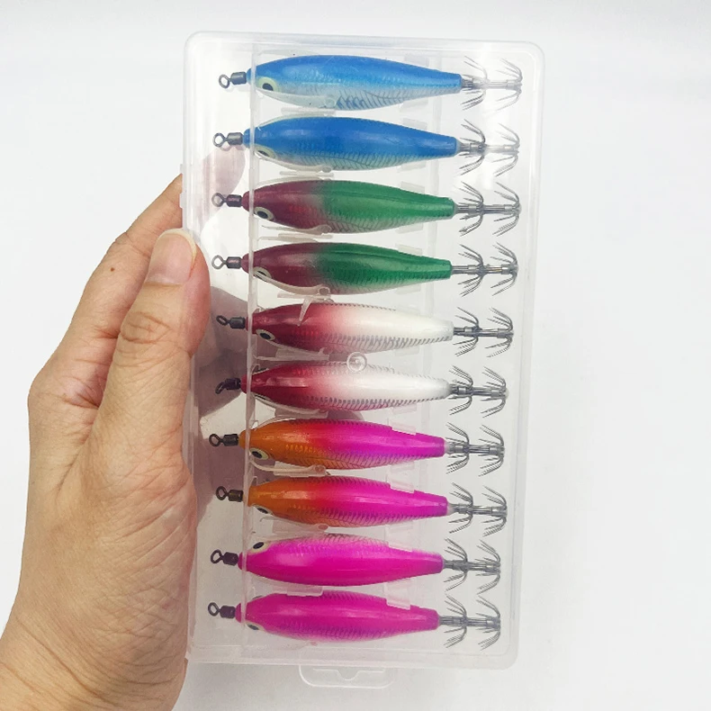 ShareShark 10 Stück/Box 8cm/5,7g Garnelen-Angelköder Leuchtende Tintenfisch-Jigs Haken Meeresangel-Zubehör Künstlicher Köder Oktopus-Köder – Detail 20