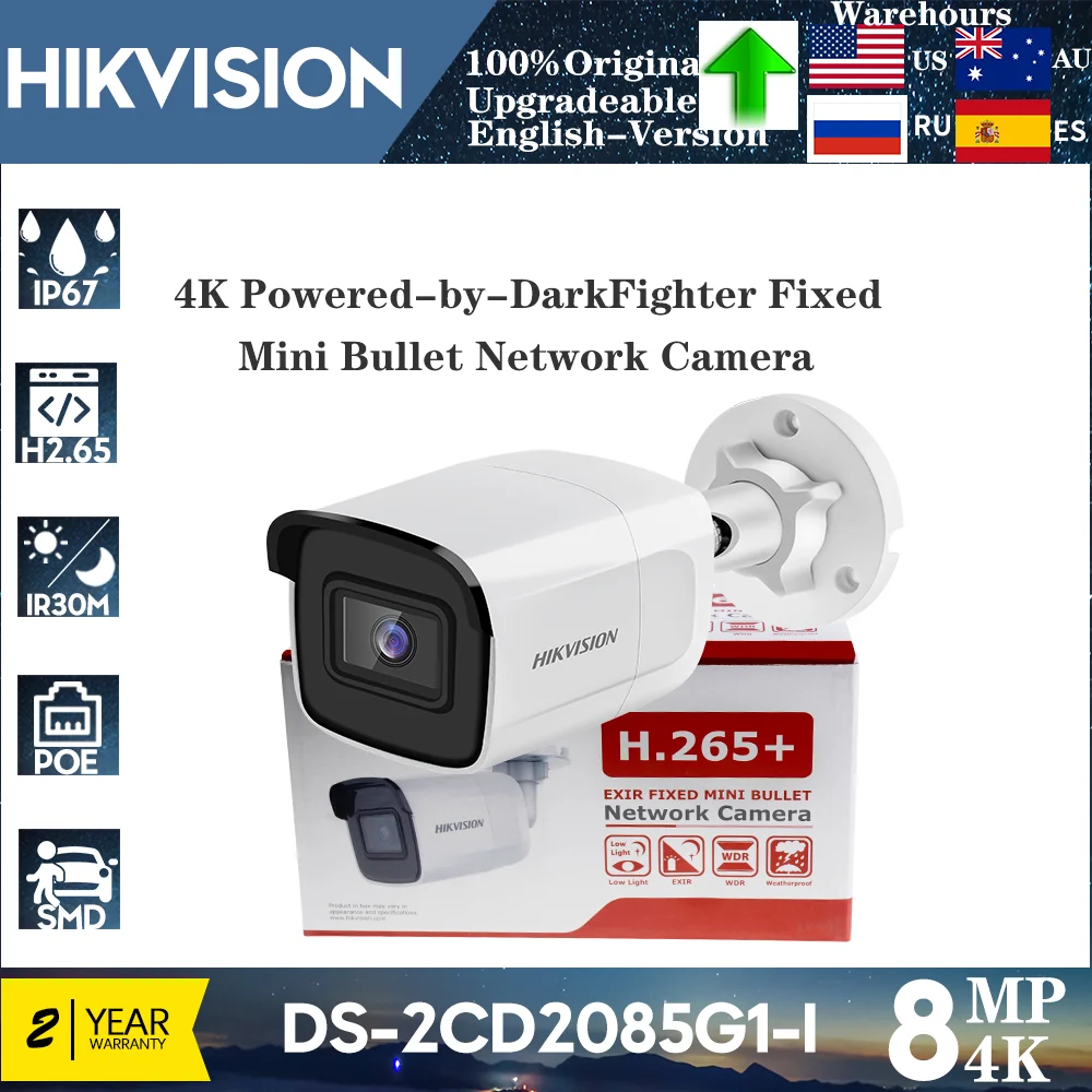 Hikvision Original 8MP DS-2CD2085G1-I Powered-by-DarkFighter Fixed Mini Bullet Network Camera IR 30M Smart Event H.265+ SD Card