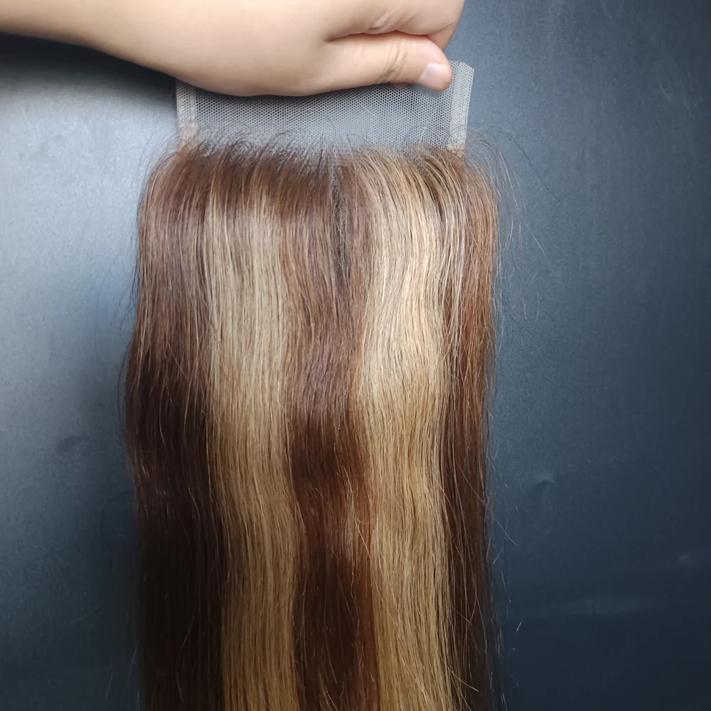 P4/27 4x4 레이스 클로저 하이라이트 스트레이트 인간 헤어 클로저 미리 뽑은 10-22 인치 브라질 버진 헤어 프리 파트 12A 등급